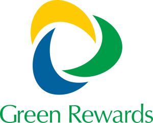 Green Rewards logo featuring a tri-color circular swoosh in yellow, blue, and green with the text Green Rewards underneath.