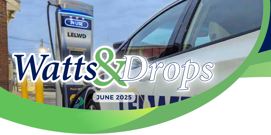Watts & Drops banner for June 2025 featuring an electric vehicle charging station and a parked car.