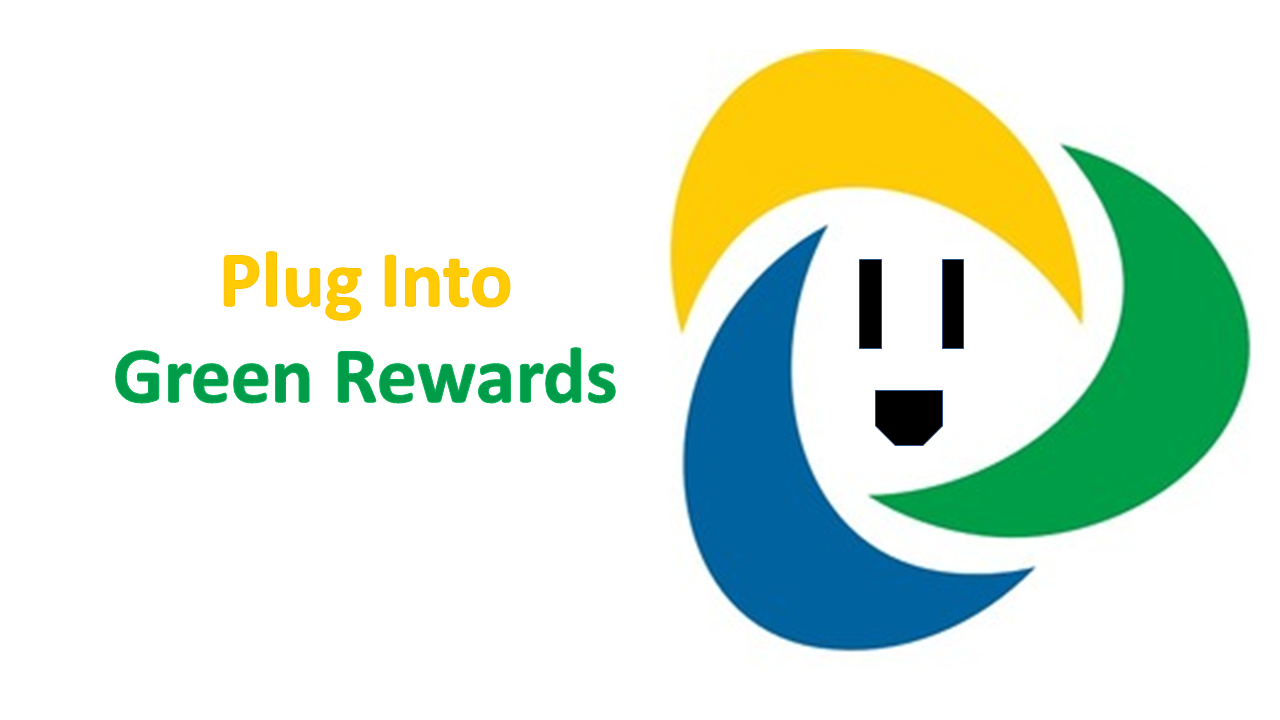 Logo with a circular multicolored swirl (blue, green, and yellow) and the text 'Plug Into Green Rewards'.