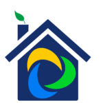 Blue house logo with a chimney, green leaf, and a multicolored circular swirl inside.
