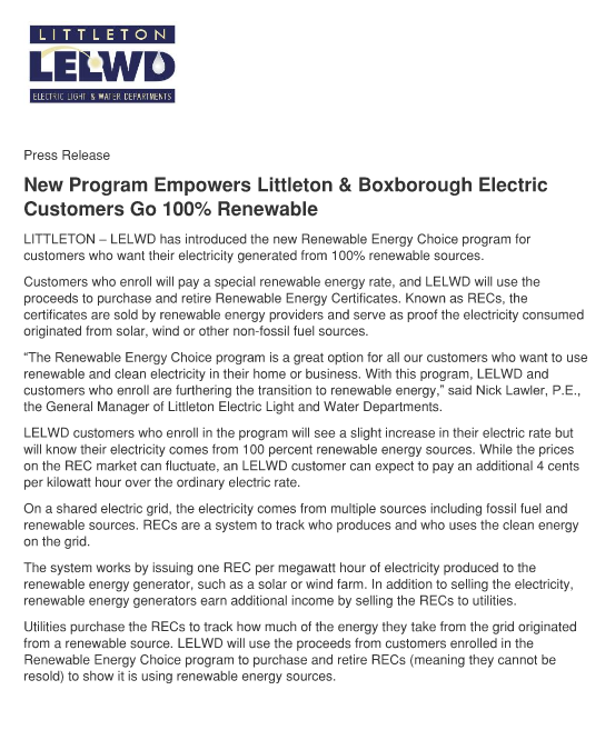Press release cover image displaying the Littleton Light & Water logo.