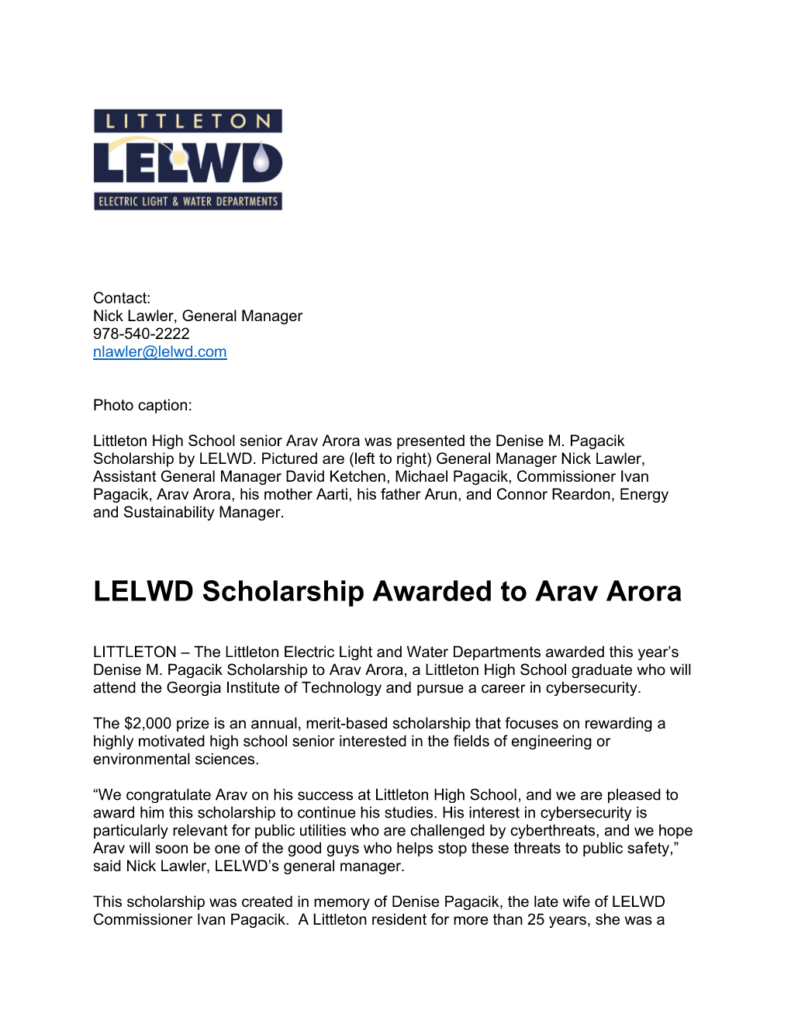 LELWD Scholarship Awarded To Arav Arora
Littleton High School senior Arav Arora was presented the Denise M. Pagacik Scholarship by LELWD.