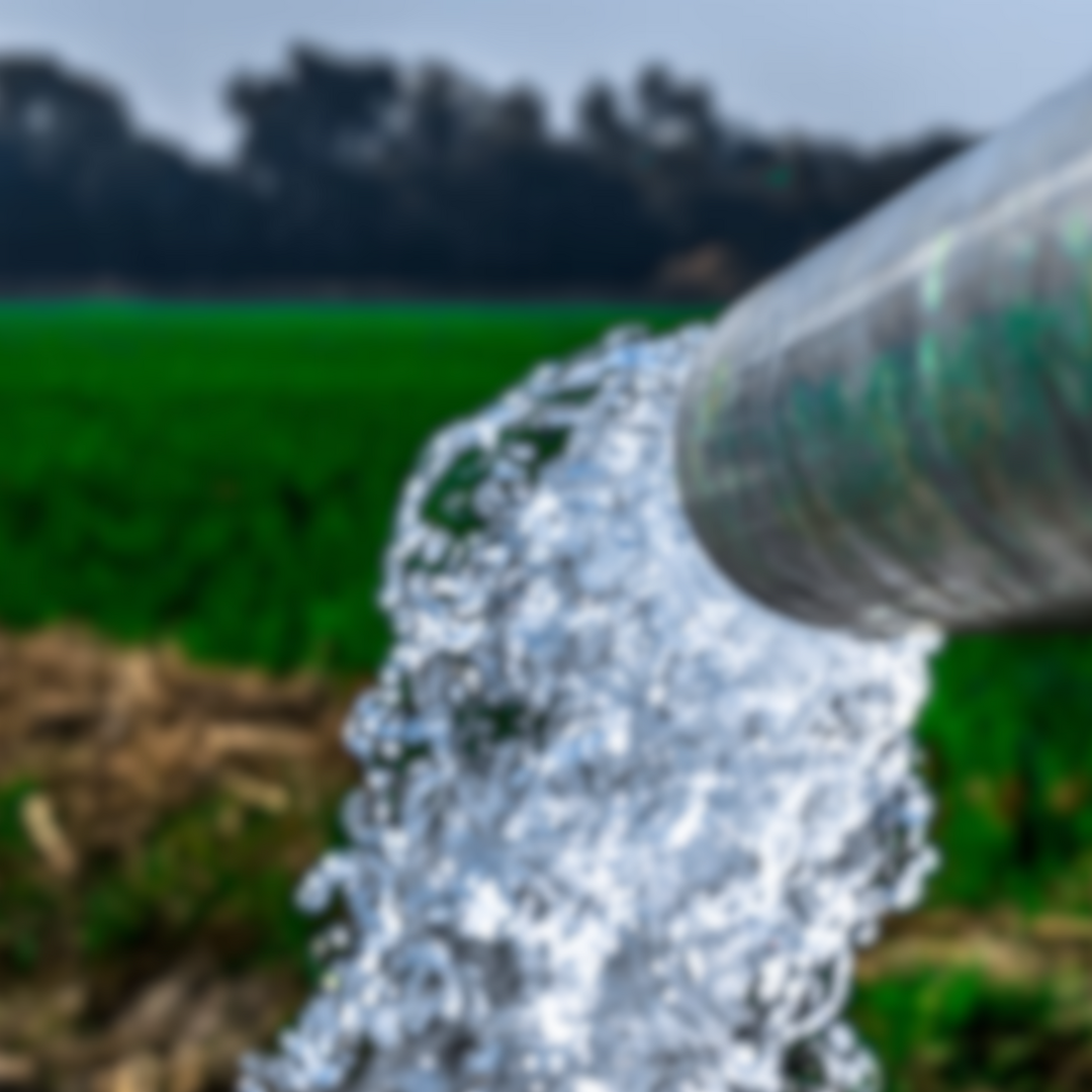 Water flows from a metal pipe onto a green agricultural field.