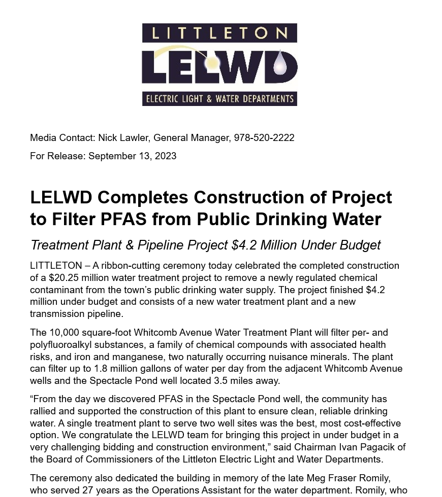 Official press release header from LELWD announcing the completion of a PFAS filtration project for public drinking water.