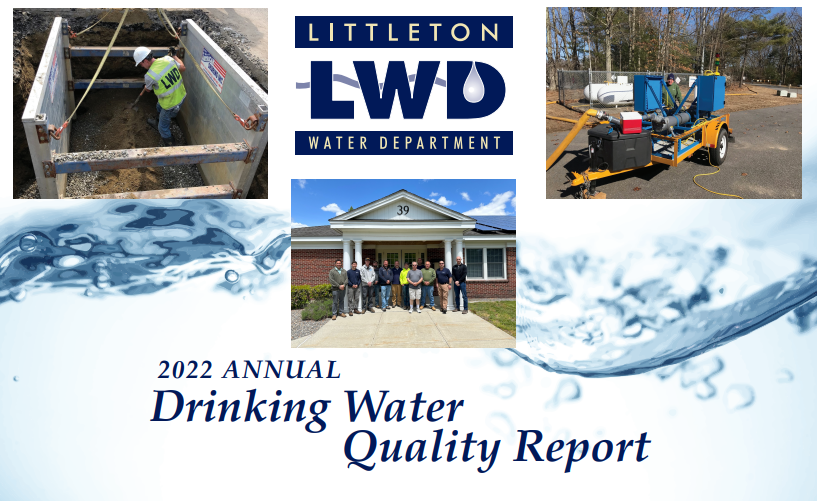 Collage-style cover image for the 2022 Annual Drinking Water Quality Report, featuring the Littleton LWD Water Department logo, a construction-site photo, a service vehicle, water imagery, and the report title.