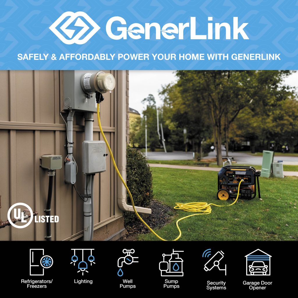 Outdoor GenerLink installation on a house exterior with a generator hookup and a portable generator on the lawn.