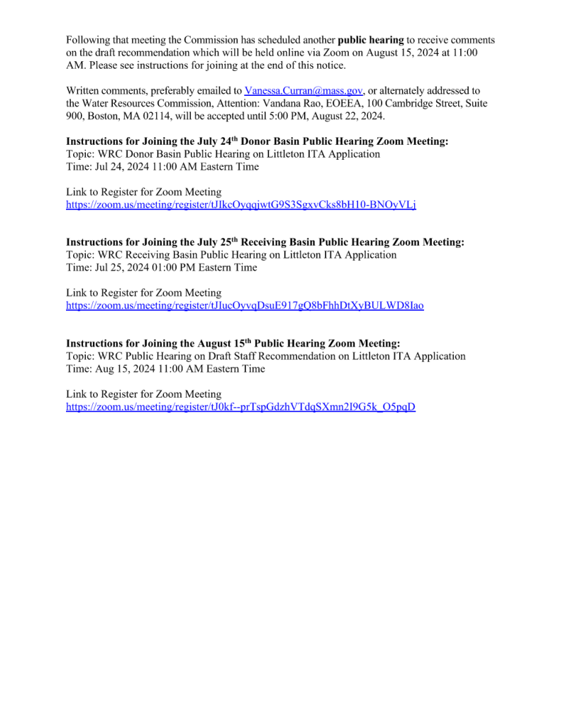 Public hearing notice about the Interbasin Transfer Application for Littleton Electric Light and Water Department's water supply connection with Boxborough, including Zoom meeting links and dates.