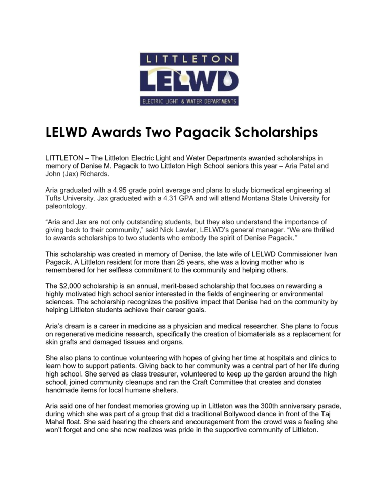 Document page displaying the LELWD logo and the headline 'LELWD Awards Two Pagacik Scholarships'.