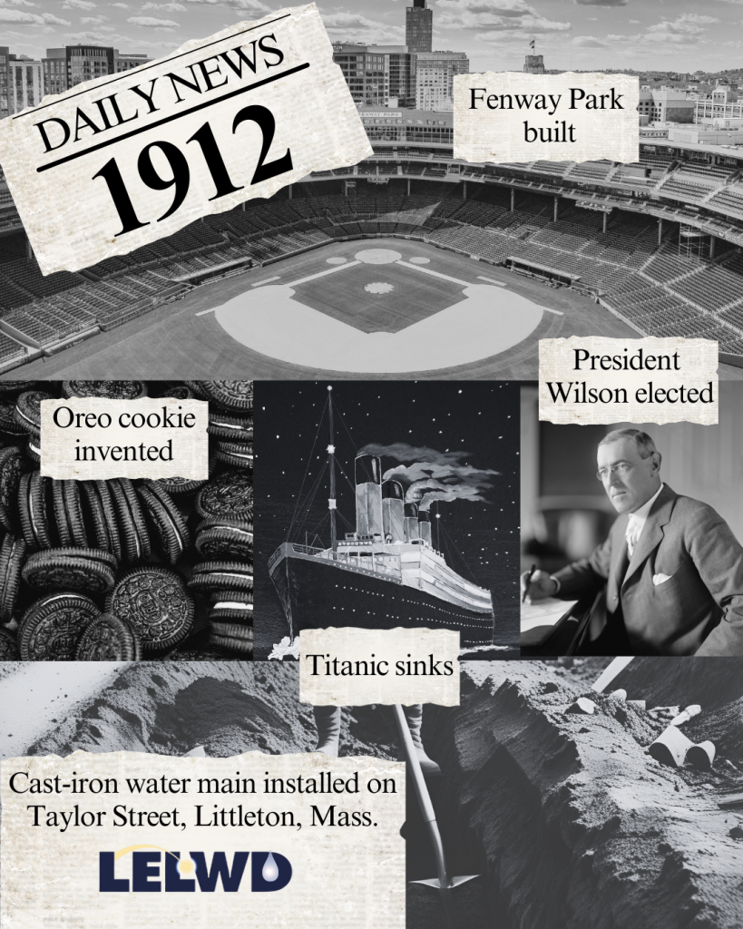 A black-and-white collage featuring Fenway Park being built, the sinking of the Titanic, the invention of Oreo cookies, and cast-iron water main work in Littleton, Massachusetts.