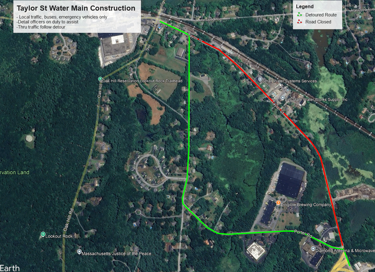 Satellite map of Taylor Street water main construction showing the work area, a closed road, and a marked detour.