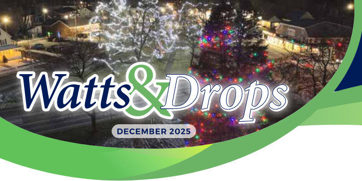 Nighttime town square lit with holiday lights and a Watts & Drops December 2025 banner overlay.